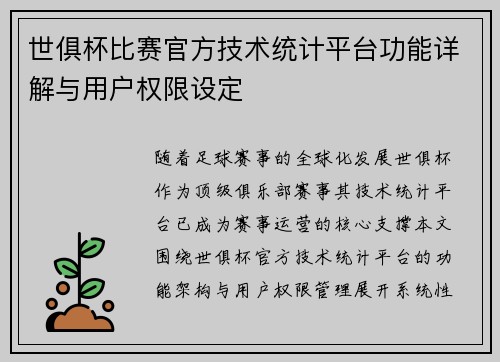 世俱杯比赛官方技术统计平台功能详解与用户权限设定
