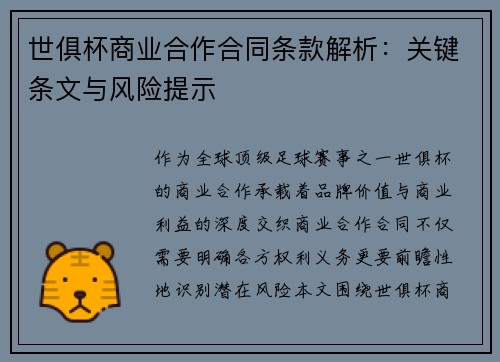 世俱杯商业合作合同条款解析：关键条文与风险提示